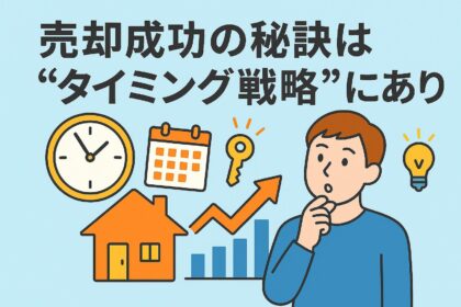 売却成功の秘訣は“タイミング戦略”にあり｜時計やカレンダーを背景に、家の前で考える男性のイラスト