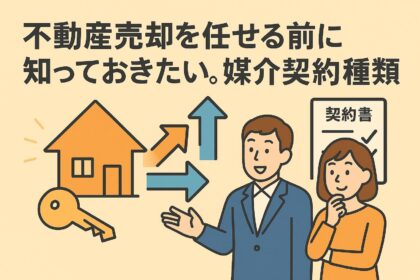 不動産売却を任せる前に知っておきたい媒介契約の種類を説明する男女のイラスト。家と矢印、契約書を示すポップなフラットデザイン。