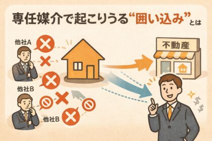 専任媒介で起こりうる囲い込みを説明するイラスト。他社業者が物件紹介を断られ、売却物件が自社不動産会社のみに流れている様子を表現。