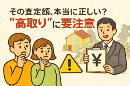 不動産売却の査定額が本当に適正かを疑問視するアイキャッチ画像。高額を示す円マークのプレートを持つ不動産会社と、悩む売主のイラスト。